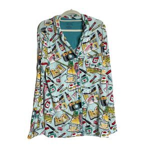 Nick & Nora Women’s Teal Travel Artist Camera Painting PJ Pajama Top Size Large
